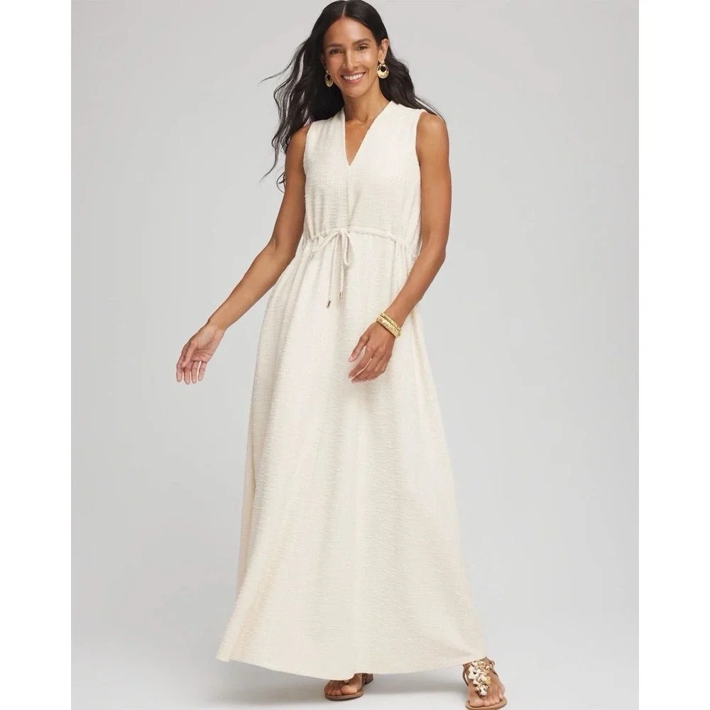 chicos evening dresses Chico's | Dresses | Chicos Sleeveless Tweed Maxi Dress Size 2 Large Cream  Textured Boho Summer